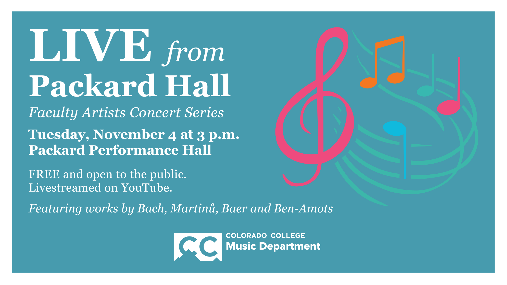 Live from Packard Hall.  Faculty Artist Concert Series.  Tuesday, Nov 4, 3pm.  Packard Hall.  Free and Open to the public.  Livestreamed on YouTube.  Featuring works by Bach, Martinu. Baer and Ben-Amots.